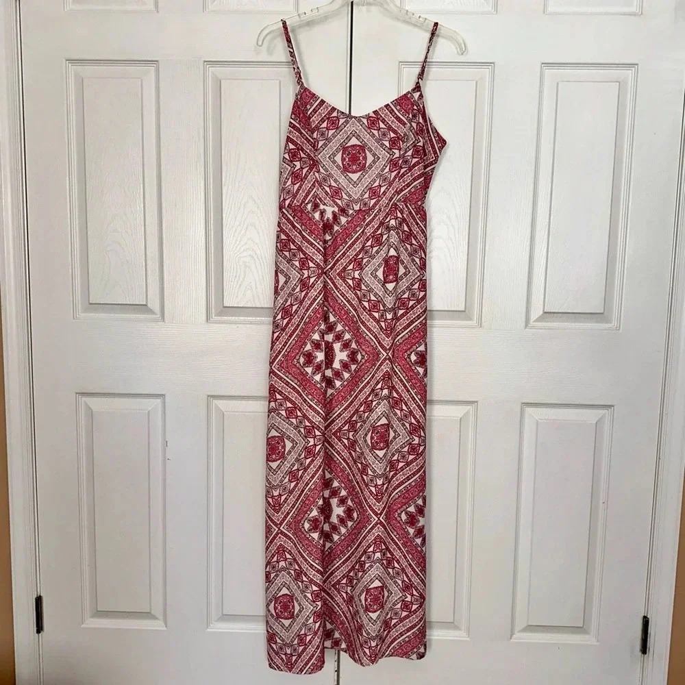 Skies‎ Are Blue Maxi Dress Bohemian Red White Spaghetti Strap Slit Lined Large